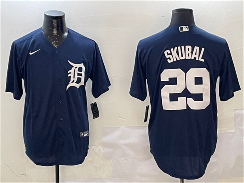 Men's Detroit Tigers 29 Tarik Skubal Navy Cool Base Stitched Baseball Jersey