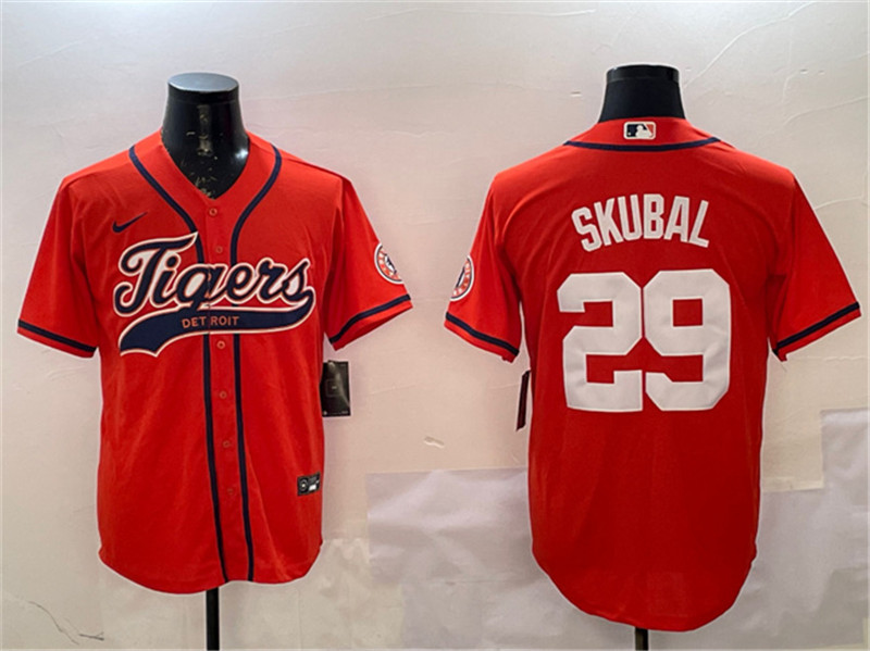 Men's Detroit Tigers 29 Tarik Skubal Orange With Patch Cool Base Stitched Baseball Jersey