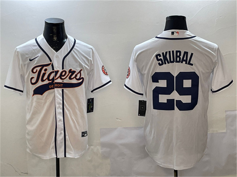 Men's Detroit Tigers 29 Tarik Skubal White With Patch Cool Base Stitched Baseball Jersey