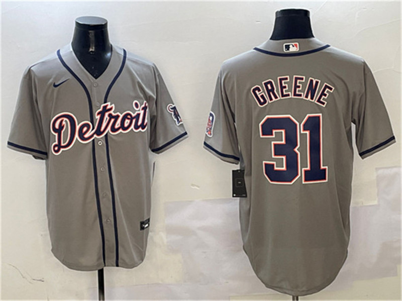 Men's Detroit Tigers 31 Riley Greene Gray With Patch Cool Base Stitched Baseball Jersey