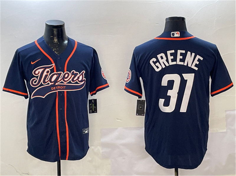Men's Detroit Tigers 31 Riley Greene Navy With Patch Cool Base Stitched Baseball Jersey