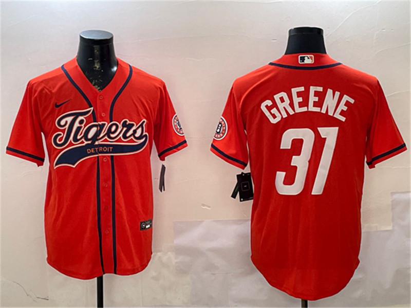 Men's Detroit Tigers 31 Riley Greene Orange With Patch Cool Base Stitched Baseball Jersey