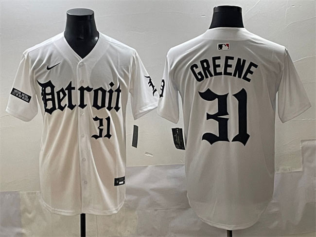 Men's Detroit Tigers 31 Riley Greene White 'Motor Gothic Edition' Vapor Premier Limited Stitched Baseball Jersey