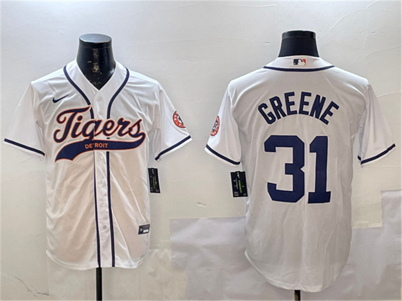 Men's Detroit Tigers 31 Riley Greene White With Patch Cool Base Stitched Baseball Jersey