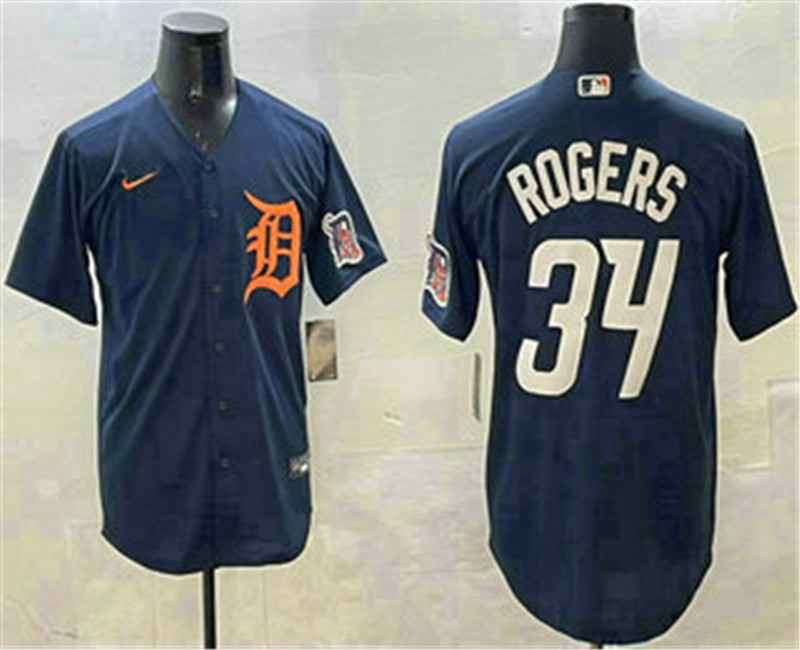 Men's Detroit Tigers 34 Jake Rogers Navy Alternate With Patch Cool Base Stitched Jersey