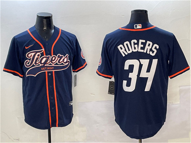 Men's Detroit Tigers 34 Jake Rogers Navy With Patch Cool Base Stitched Baseball Jersey