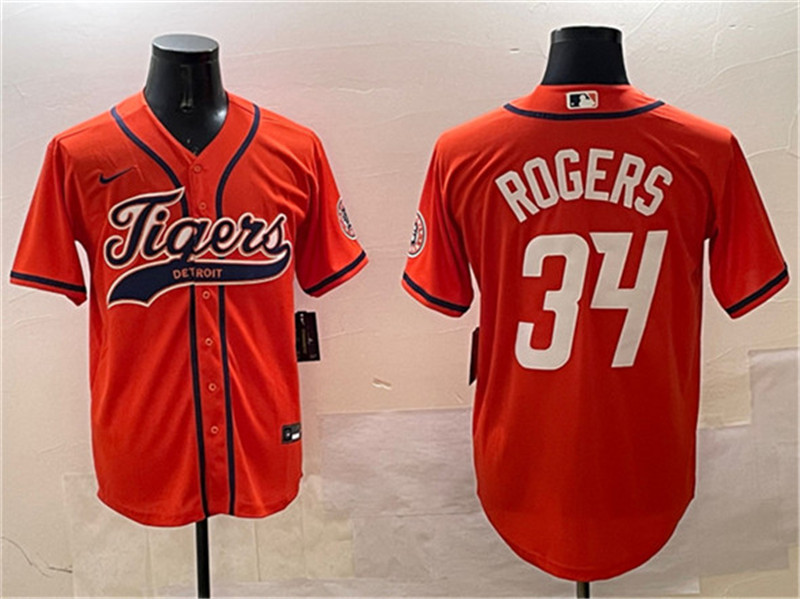 Men's Detroit Tigers 34 Jake Rogers Orange With Patch Cool Base Stitched Baseball Jersey