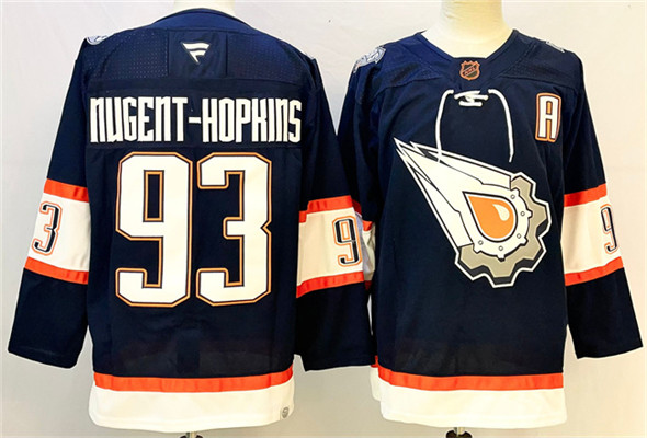 Men's Edmonton Oilers 93 Ryan Nugent Hopkins Navy With A Patch Reverse Retro Stitched Jersey