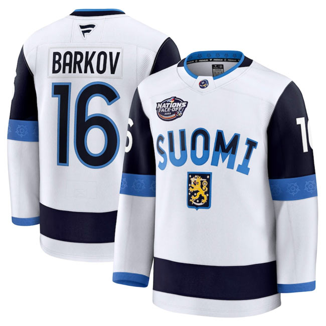 Men's Finland 16 Aleksander Barkov White 2025 4 Nations Face Off Premium Stitched Jersey