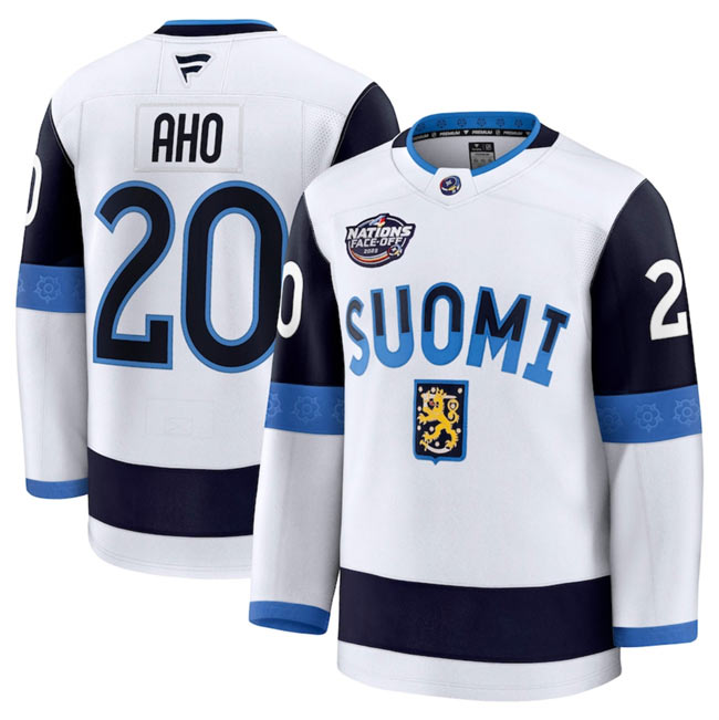 Men's Finland 20 Sebastian Aho White 2025 4 Nations Face Off Premium Stitched Jersey
