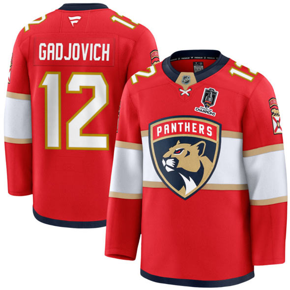 Men's Florida Panthers 12 Jonah Gadjovich Red Home 2025 Stanley Cup Champions Patch Stitched Jersey
