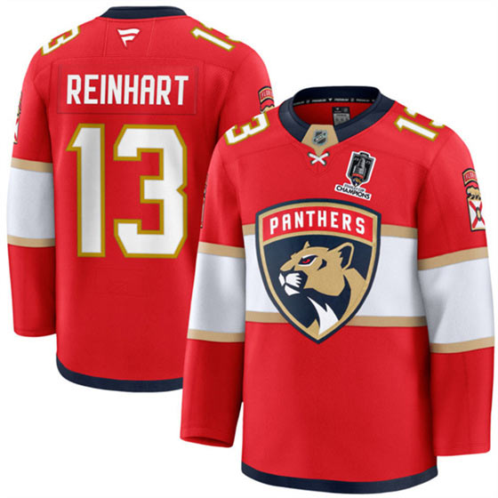 Men's Florida Panthers 13 Sam Reinhart Red Home 2025 Stanley Cup Champions Patch Stitched Hockey Jersey