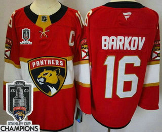 Men's Florida Panthers 16 Aleksander Barkov Red 2025 Stanley Cup Champions Authentic Jersey