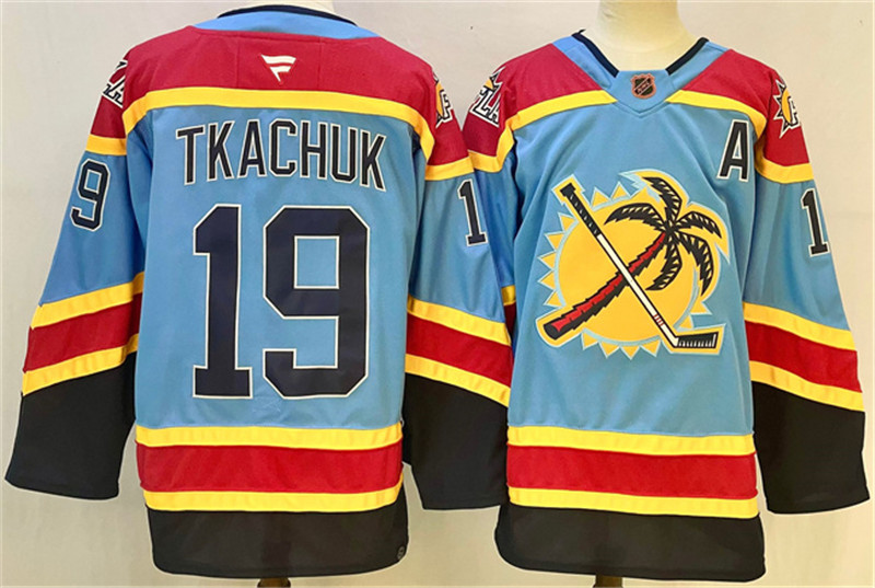 Men's Florida Panthers 19 Matthew Tkachuk Blue 2024 25 Reverse Retro With A Patch Stitched Hockey Jersey