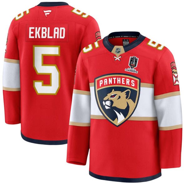 Men's Florida Panthers 5 Aaron Ekblad Red Home 2025 Stanley Cup Champions Patch Stitched Jersey