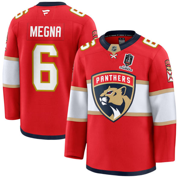 Men's Florida Panthers 6 Jaycob Megna Red Home 2025 Stanley Cup Champions Patch Stitched Jersey