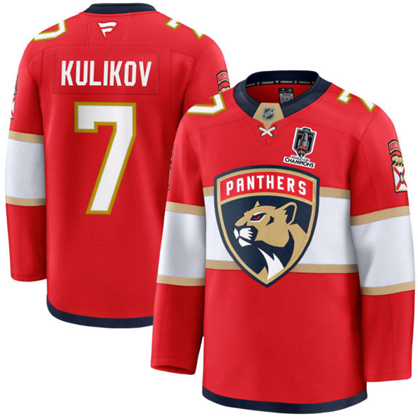 Men's Florida Panthers 7 Dmitry Kulikov Red Home 2025 Stanley Cup Champions Patch Stitched Jersey