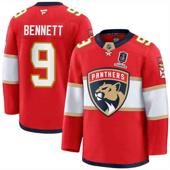 Men's Florida Panthers 9 Sam Bennett Red Home 2025 Stanley Cup Champions Patch Stitched Hockey Jersey