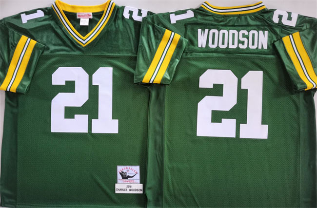 Men's Green Bay Packers 21 Charles Woodson Green Throwback Stitched Football Jersey