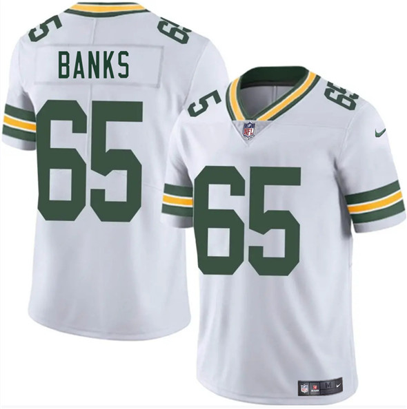 Men's Green Bay Packers 65 Aaron Banks White 2025 Vapor Untouchable Limited Football Stitched Jersey