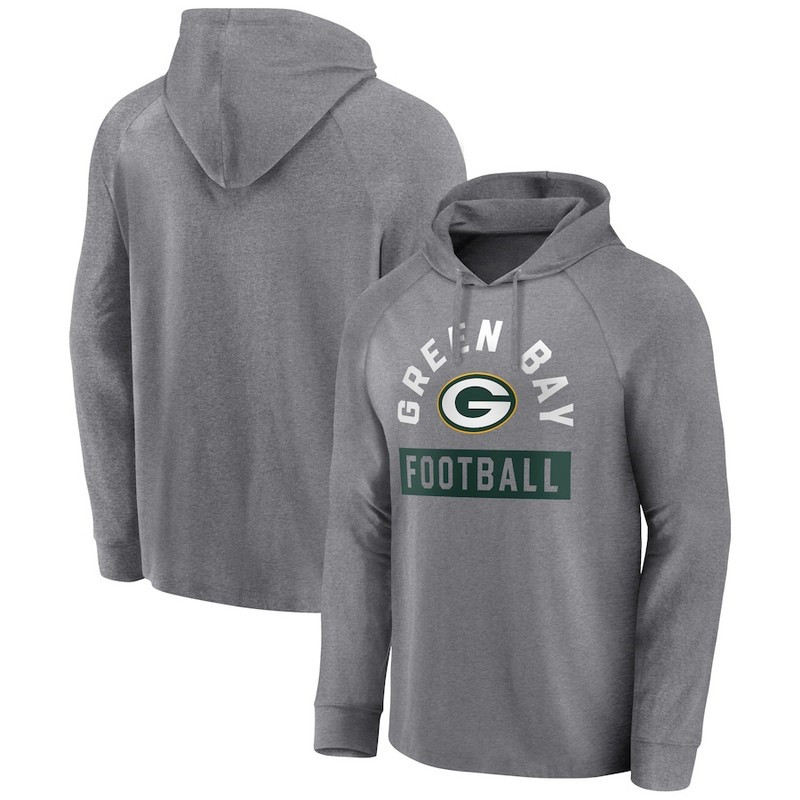 Men's Green Bay Packers Fanatics Branded Heathered Gray No Time Off Raglan Pullover Hoodie