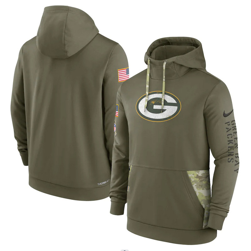 Men's Green Bay Packers Nike Olive 2022 Salute to Service Therma Performance Pullover Hoodie