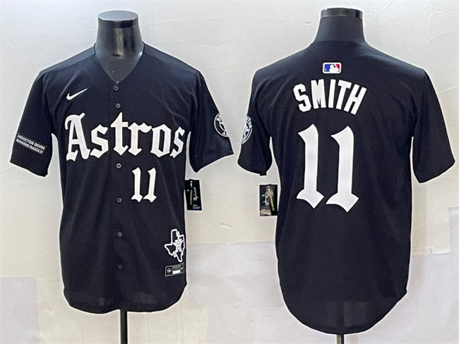 Men's Houston Astros 11 Cam Smith Black Gothic 'Houston Born Barrio Raised' Limited Stitched Baseball Jersey