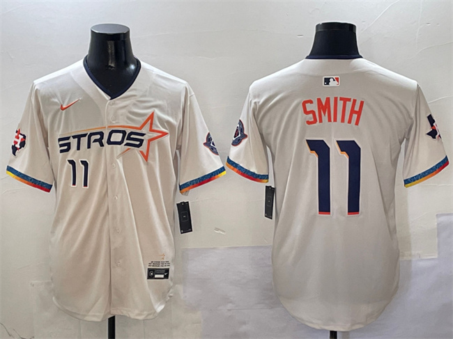 Men's Houston Astros 11 Cam Smith Cream 2025 City Connect With Texas Patch Limited Stitched Baseball Jersey