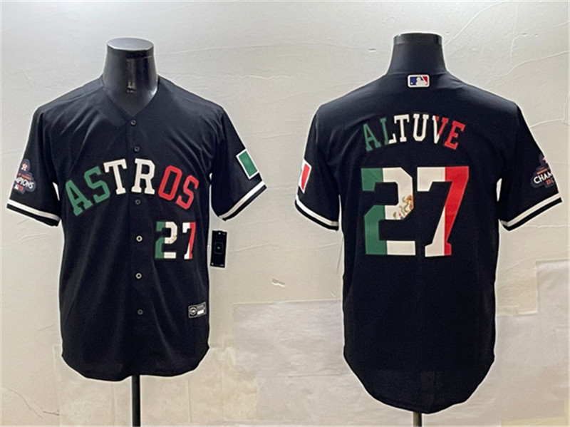 Men's Houston Astros 27 Jose Altuve Black Mexico With World Serise Champions Patch Cool Base Stitched Baseball Jersey