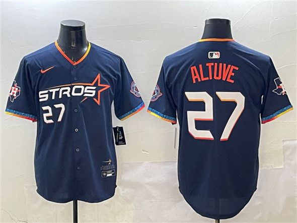 Men's Houston Astros 27 Jose Altuve Navy 2025 City Connect With Texas Patch Limited Stitched Baseball Jersey