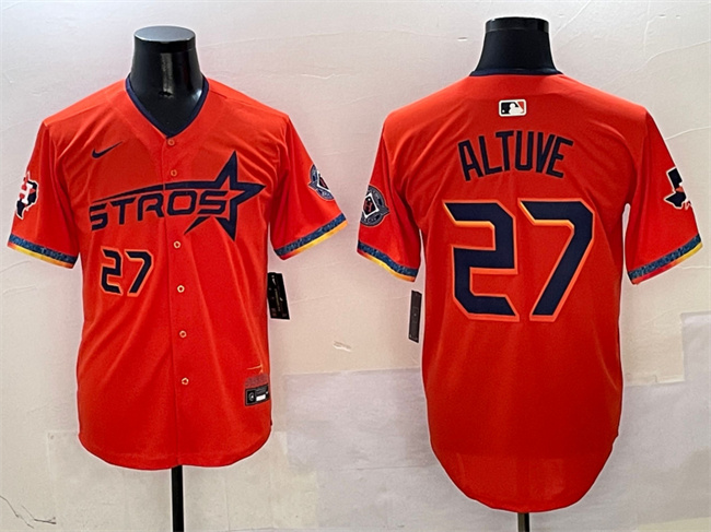 Men's Houston Astros 27 Jose Altuve Orange 2025 City Connect With Texas Patch Limited Stitched Baseball Jersey