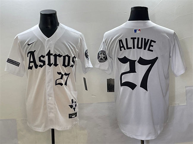 Men's Houston Astros 27 Jose Altuve White Gothic 'Houston Born Barrio Raised' Limited Stitched Baseball Jersey