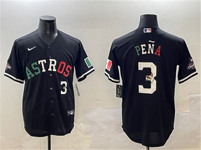Men's Houston Astros 3 Jeremy Pena Black Mexico With World Serise Champions Patch Cool Base Stitched Baseball Jersey