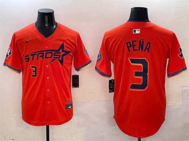 Men's Houston Astros 3 Jeremy Pena Orange 2025 City Connect With Texas Patch Limited Stitched Baseball Jersey