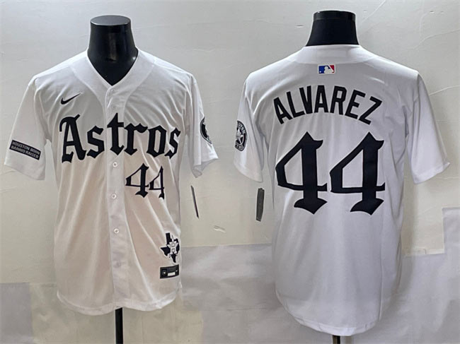 Men's Houston Astros 44 Yordan Alvarez White Gothic 'Houston Born Barrio Raised' Limited Stitched Baseball Jersey