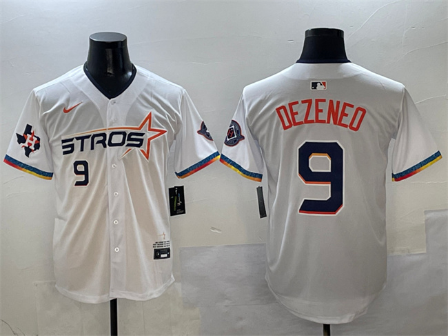 Men's Houston Astros 9 Zach Dezenzo White 2025 City Connect With Texas Patch Limited Stitched Baseball Jersey