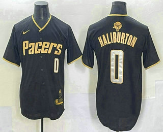 Men's Indiana Pacers 0 Tyrese Haliburton Black Gold 2025 Finals Vapor Stitched Baseball Jersey