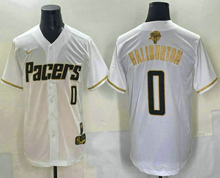 Men's Indiana Pacers 0 Tyrese Haliburton White Gold 2025 Finals Vapor Stitched Baseball Jersey