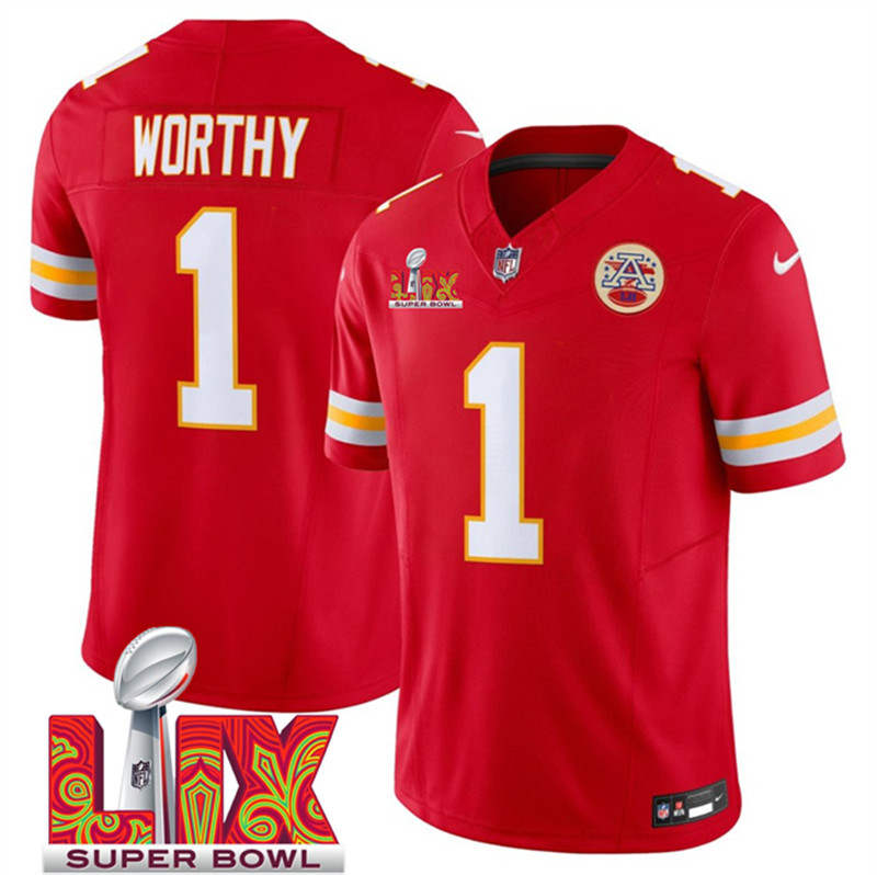 Men's Kansas City Chiefs 1 Xavier Worthy Red 2025 Super Bowl LIX Patch F.U.S.E. Vapor Limited Stitched Football Jersey