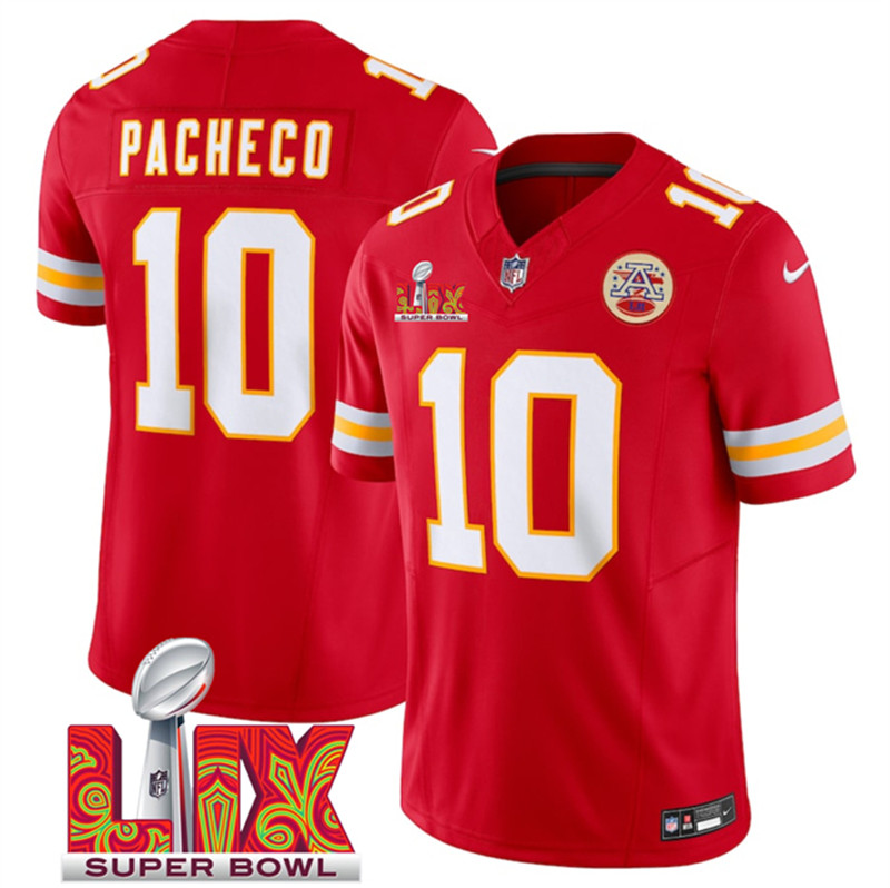 Men's Kansas City Chiefs 10 Isiah Pacheco Red 2025 Super Bowl LIX Patch F.U.S.E. Vapor Limited Stitched Football Jersey