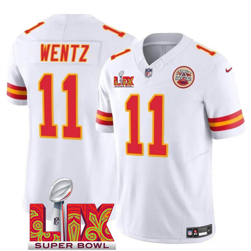 Men's Kansas City Chiefs 11 Carson Wentz White 2025 Super Bowl LIX Patch F.U.S.E. Vapor Limited Stitched Football Jersey