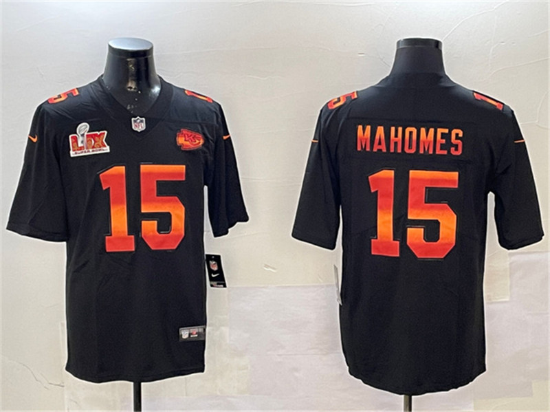 Men's Kansas City Chiefs 15 Patrick Mahomes Black 2025 Super Bowl LIX Patch Fashion Vapor Limited Stitched Football Jersey
