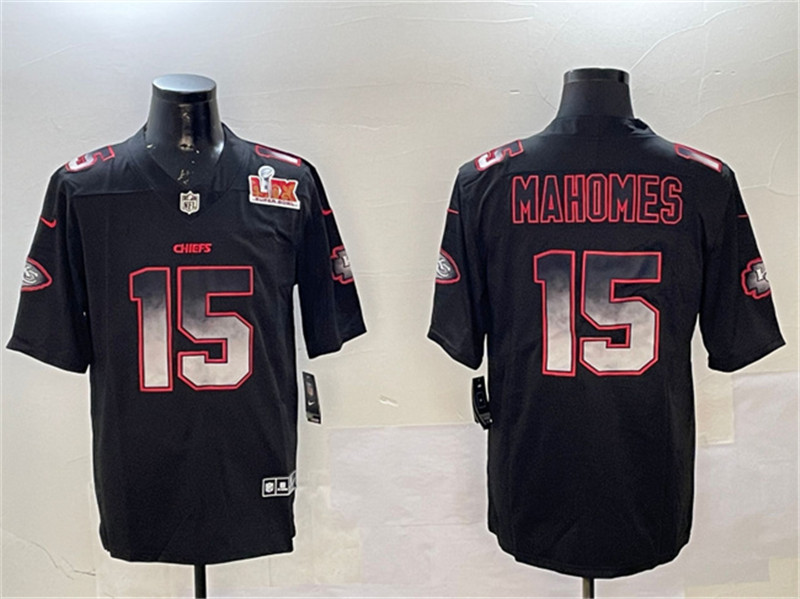 Men's Kansas City Chiefs 15 Patrick Mahomes Black 2025 Super Bowl LIX Patch Smoke Fashion Vapor Limited Stitched Football Jersey