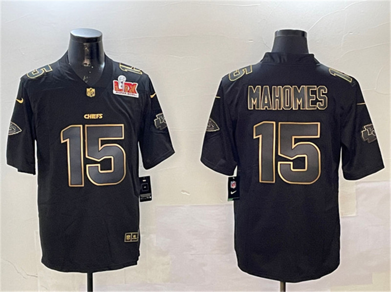 Men's Kansas City Chiefs 15 Patrick Mahomes Black Gold 2025 Super Bowl LIX Patch Vapor Limited Stitched Football Jersey