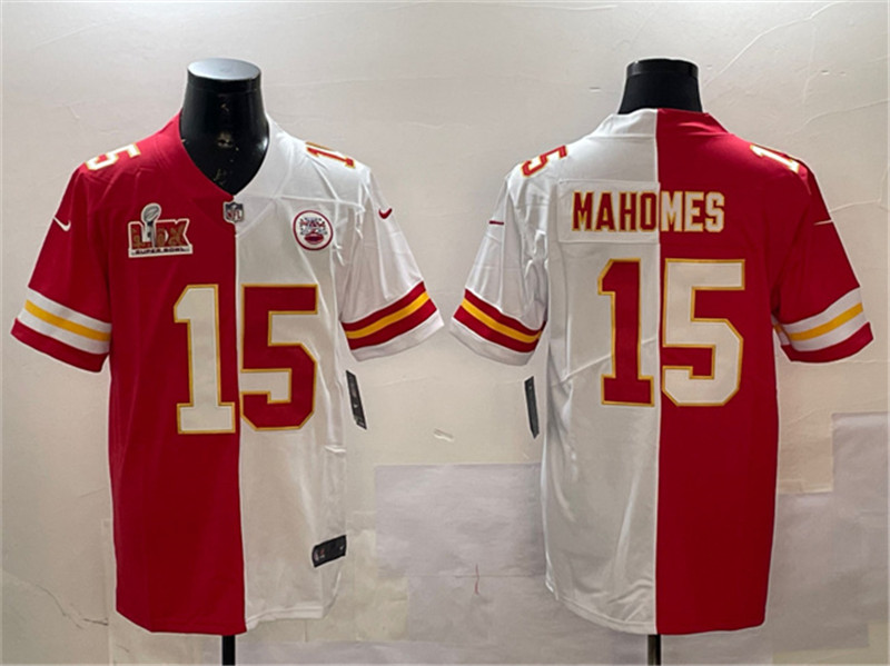 Men's Kansas City Chiefs 15 Patrick Mahomes Red & White Split 2025 Super Bowl LIX Patch Vapor Limited Stitched Football Jersey