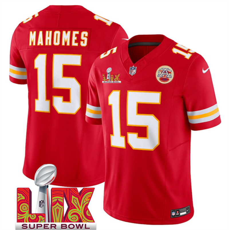 Men's Kansas City Chiefs 15 Patrick Mahomes Red 2025 Super Bowl LIX Patch F.U.S.E. Vapor Limited Stitched Football Jersey