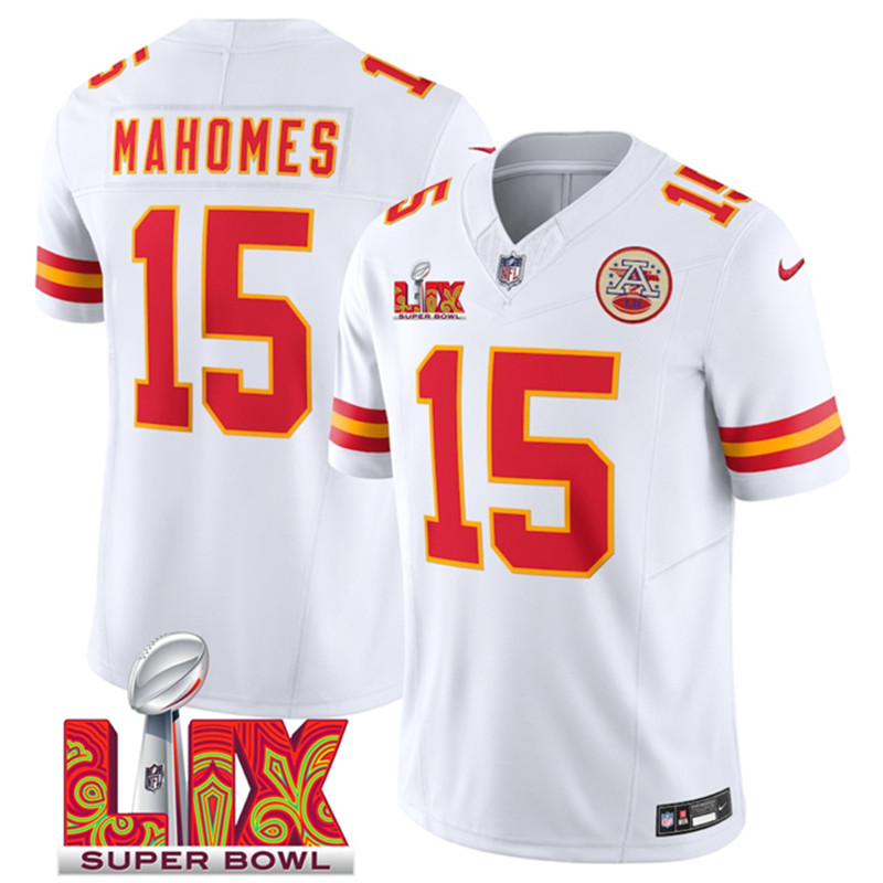 Men's Kansas City Chiefs 15 Patrick Mahomes White 2025 Super Bowl LIX Patch F.U.S.E. Vapor Limited Stitched Football Jersey
