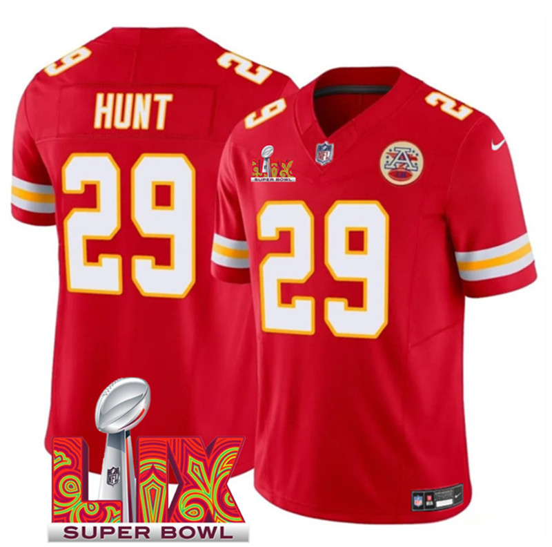 Men's Kansas City Chiefs 29 Kareem Hunt Red 2025 Super Bowl LIX Patch F.U.S.E. Vapor Limited Stitched Football Jersey