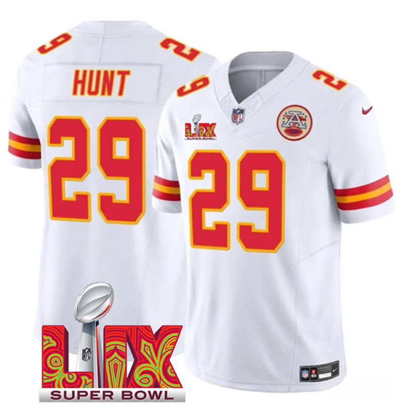 Men's Kansas City Chiefs 29 Kareem Hunt White 2025 Super Bowl LIX Patch F.U.S.E. Vapor Limited Stitched Football Jersey