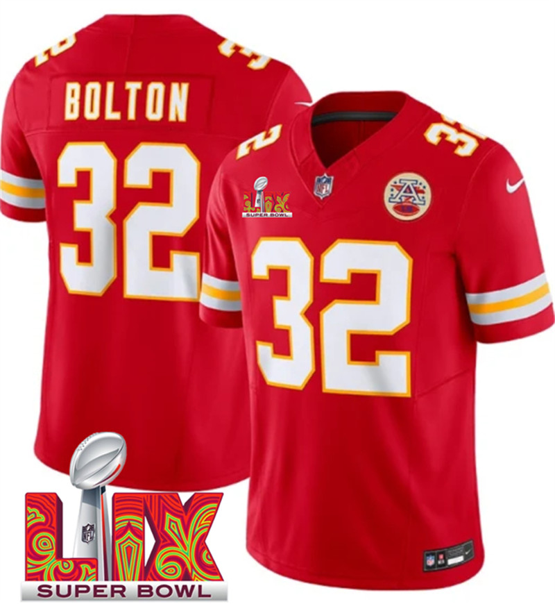 Men's Kansas City Chiefs 32 Nick Bolton Red 2025 Super Bowl LIX Patch F.U.S.E. Vapor Limited Stitched Football Jersey